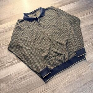 🧶 Geoffrey Beene Vintage Knit Polo Sweater Navy Tan Textured XL made in Italy